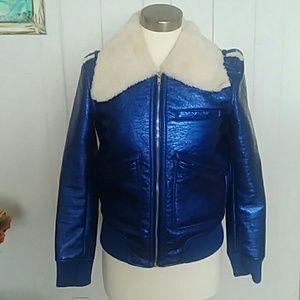 Blue Metallic Jacket with Fur